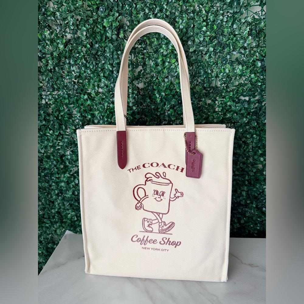 Coach Coffee Shop Canvas Tote in Cream and Burgundy